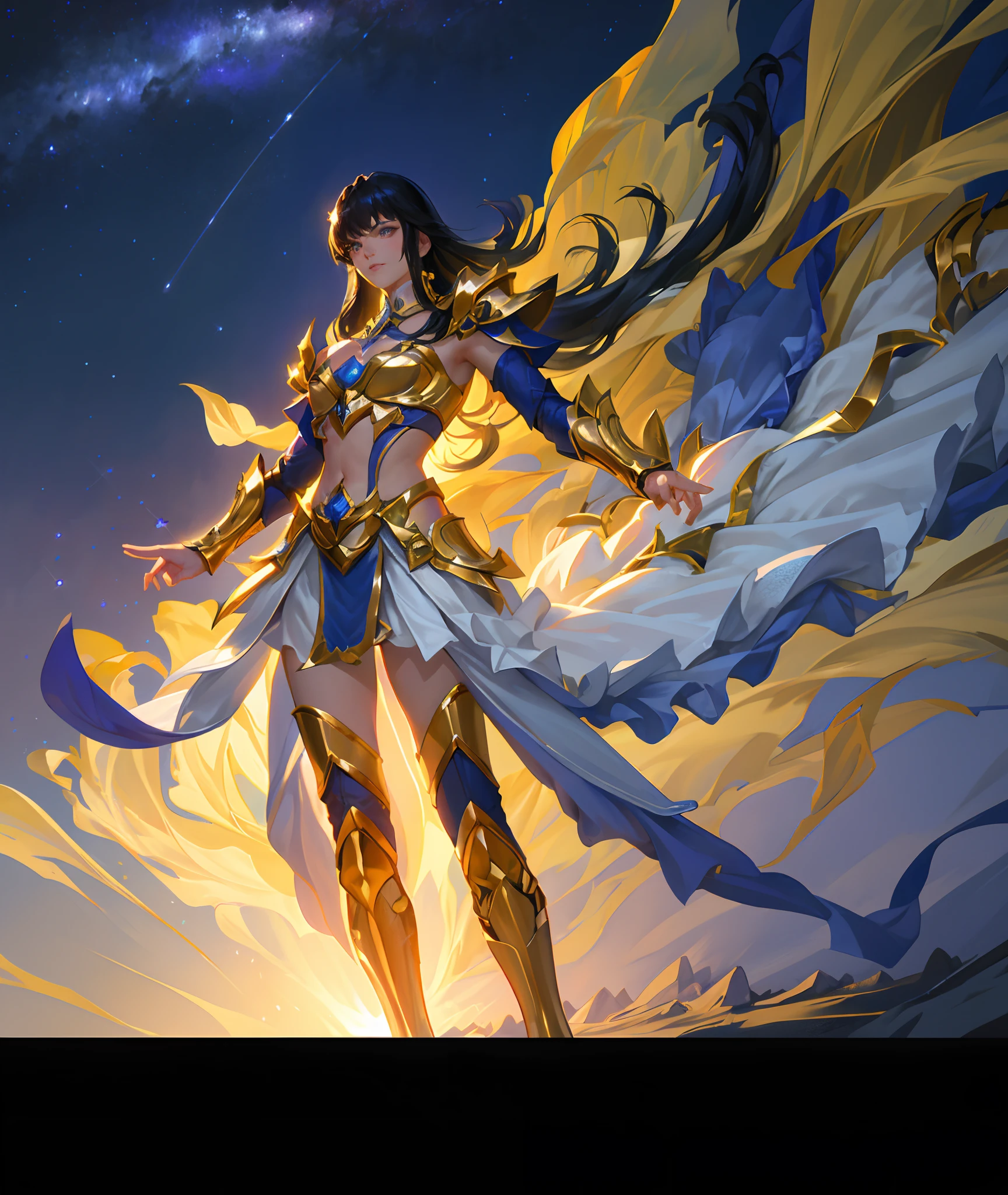 Ultra-high saturation，（tmasterpiece）， fully body photo，（best qualtiy）， （1girll）， starryskybackground，Wearing shiny gold armor， Sexy lingerie type armor，Expose your chest，Expose the waistline，Exposing thighs，cool-pose， Saint Seiya Armor， messy  hair，high detal, Anime style, Cinematic lighting, Sparkle, god light, Ray traching, filmgrain, hyper HD, textureskin, super detailing, Anatomical correct, A high resolution，Ultra-high saturation，hight contrast，High-gloss armor，Smooth skin，Serious expressions,Dark room,