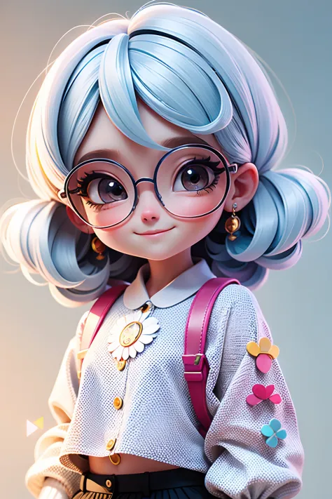 Loli cute girl, cabelo preso, cabelo solto, modern accessories , Eyeglasses, olhos detalhados, sorriso detalhados, detalhes deta...