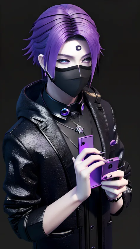 There is a man with purple hair holding a mobile phone, looking at his phone, imvu, second life avatar, Virtual Self, he is holding a smartphone, wearing all black mempo mask, inspired by Bian Shoumin, ( ( ( ( 3 d render ) ) ) ), Aesthetic!!, secondlife, d...