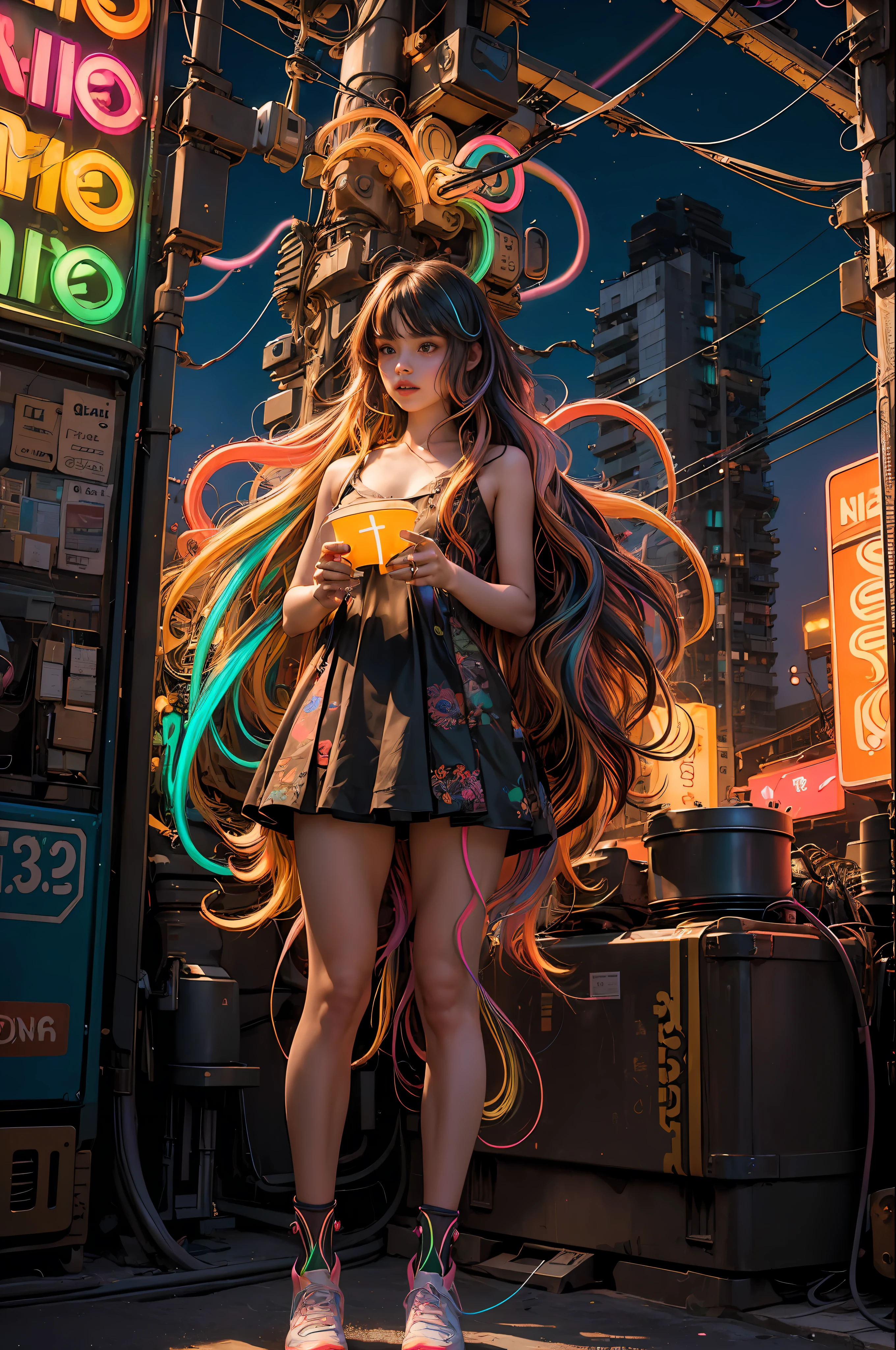 (medium shot) (womans hair is made from thin multicolored neon tendrils:1.7) (long thin multicolored neon string hair is flowing down her body), her hair made of thin multicolored neon tendrils is conforming to and covering her body forming a dress, (neon fibers:1.05), ((cables of neon strings)), scenery is cables and tech, intricate and detailed tech gear chaos, beautiful detailed glow, tentacles of thin multicolored neon strings writhing around, chaos of cables around, neon tendrils flowing, (cables and multicolored neon strings swirling around the character:1.1), (detailed:1.05), (ultra-detailed:1.1), (detailed light:1.05)