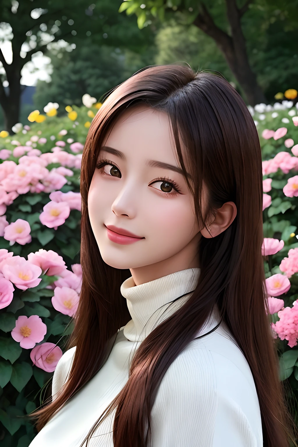 masterpiece,DSLR photo,analog style,nikon d5,real photo,a photo of a beautiful 20 year old woman,dramatic lighting (85mm),with Blooming garden in the background,(detailed facial features),(detailed shiny eyes),dynamic angle,Michelangelo style,long hair,turtleneck sweater,smiling face:1.4,