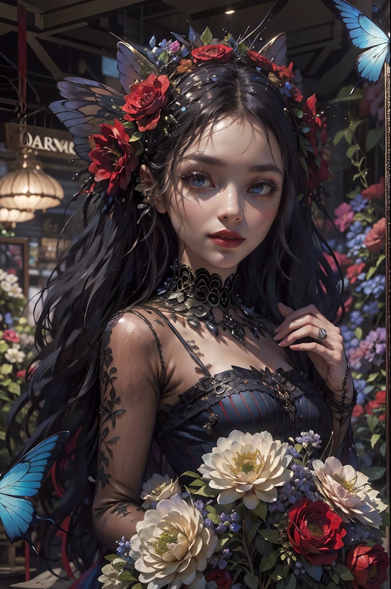 high details, best quality, 16k, RAW, [best detailed], masterpiece, best quality, (extremely detailed), full body, ultra wide shot, photorealistic, dark fantasy art, goth art, RPG art, D&D art, a picture of a dark female fairy showing flowers in a florist shop, extremely beautifil fairy, ultra feminine (intense details, Masterpiece, best quality), best detailed face (intense details, Masterpiece, best quality), having wide butterfly wings, spread buterfly wings (intense details, Masterpiece, best quality), dark colors wings (intense details, Masterpiece, best quality), black hair, long hair, shinning hair, flowing hair, shy smile, innocent smile, blue eyes, dark red lips, wearing red skirt, dynamic elegant shirt, chocker, wearing high heels, in flower shop (intense details, Masterpiece, best quality), [extreme many flowers] (intense details, Masterpiece, best quality), dark colorful flowers (intense details, Masterpiece, best quality), flower shop in a dark goth era street background, High Detail, Ultra High Quality, High Resolution, 16K Resolution, Ultra HD Pictures, 3D rendering Ultra Realistic, Clear Details, Realistic Detail, Ultra High Definition