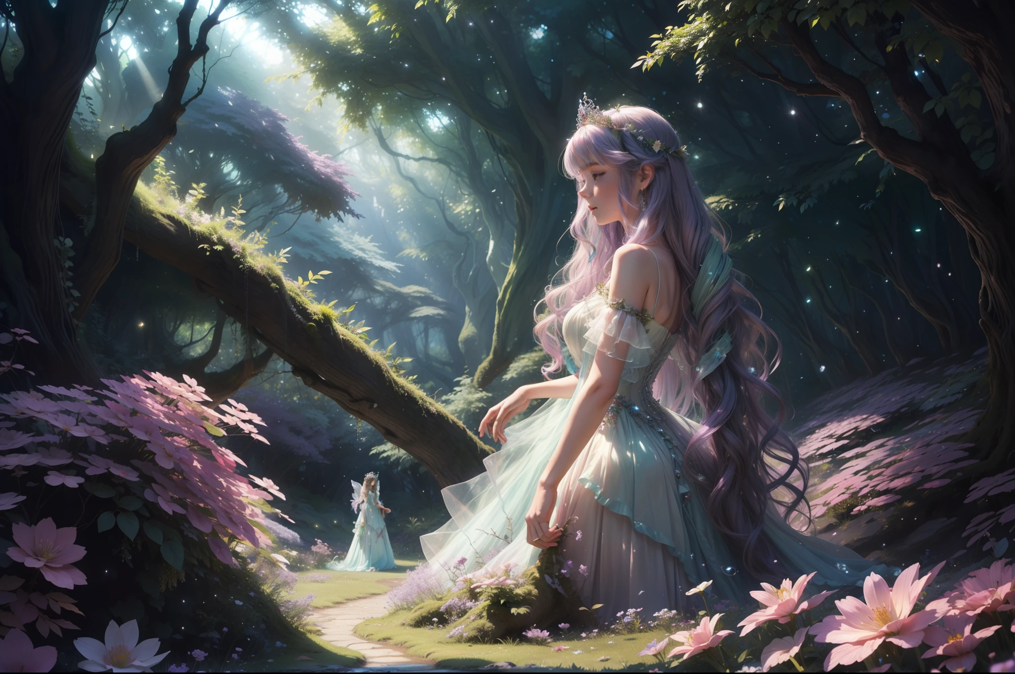 A fairy in a garden in the woods. She wears a multilayered ruffled dress in light lilac transparent fabric with silver and aquamarine embellishments. Long messy wavy hair in dark colour, flower tiara. She is emerging from a vortex of multicoloured varieties of flowers and leaves of different shapes and tones of green. Dynamic image. Magical flowery forest as background, clear day, sunny, light filtering through the trees.