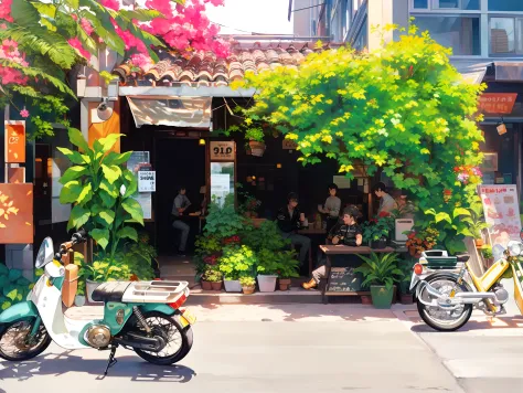 motorcycles parked outside a small store with a bunch of plants, coffee shop, intense sunlight, on a sunny day, afternoon sunshine, cafe, stunning visual, afternoon sun, by Tom Wänerstrand, bao phan, by Romain brook, warm sunshine, seen from outside, full ...