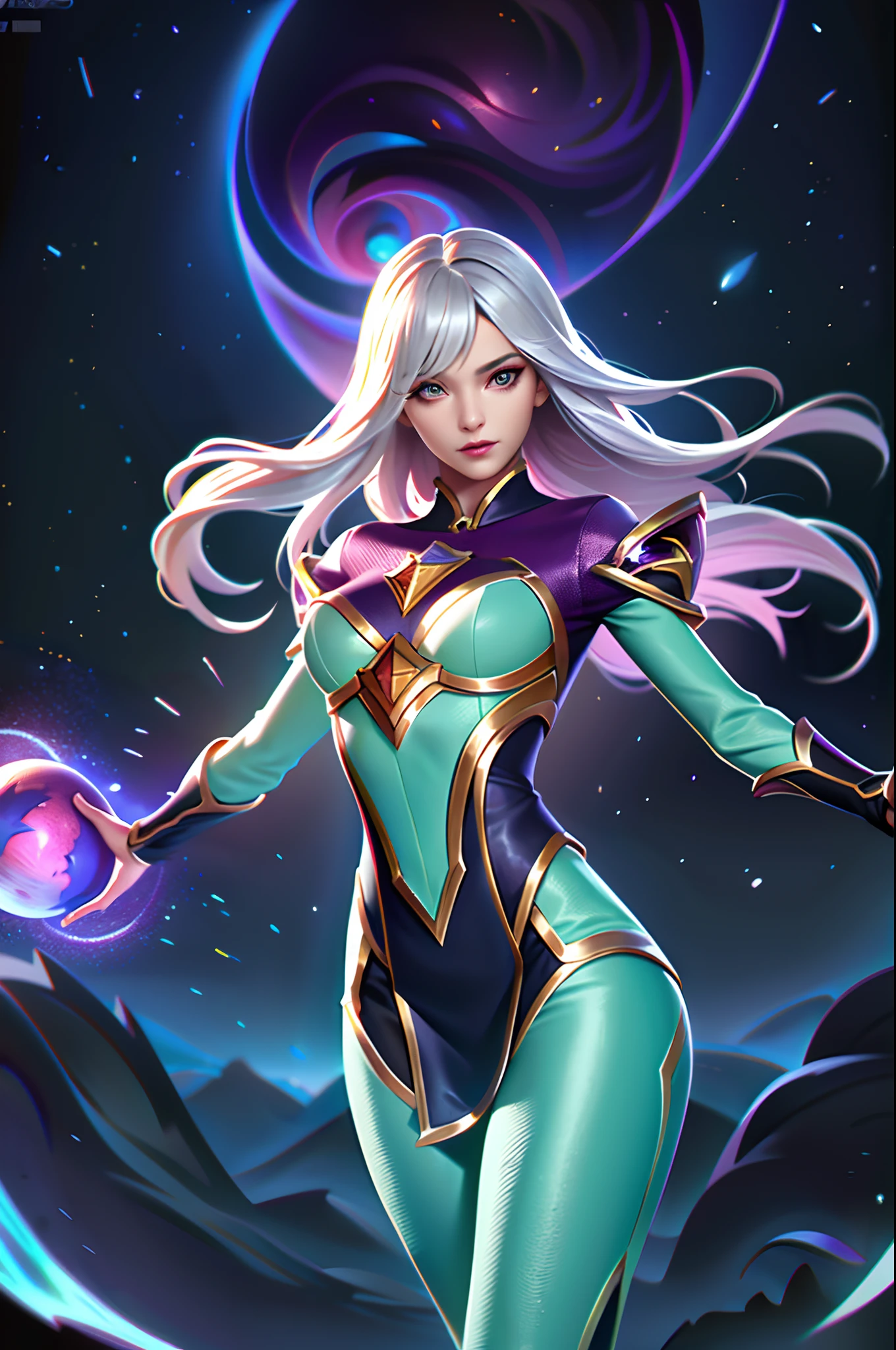 (League of Legends:1.5),Astrid, the Graviton Slinger, is depicted in her splashart as a powerful and enigmatic force, wielding her gravitational manipulation abilities with mastery. The scene takes place in a celestial realm, where stars and cosmic energy illuminate the vastness of space.

Astrid possesses an otherworldly beauty, with flowing silver-white hair that seems to shimmer with the brilliance of distant stars. Her skin has a faint celestial glow, radiating with the power she commands. She wears a sleek, futuristic suit adorned with intricate patterns that resemble constellations and gravitational fields. The suit hugs her figure, emphasizing her strength and agility.

In the center of her palms, Astrid generates orbs of gravitational energy, each pulsating with vibrant hues of purple and blue. These energy orbs form the foundation for her gravitational abilities. Surrounding her, smaller orbs and filaments of energy spin and orbit, representing the gravitational fields she creates and manipulates.

Astrid's eyes emit an intense, piercing gaze, glowing with the same gravitational energy that courses through her. Her expression conveys both focus and determination, revealing her unwavering control over the forces she wields.

The backdrop of the splashart showcases the vast expanse of space, filled with distant galaxies and nebulae. Ethereal strands of gravitational energy weave through the cosmos, forming intricate patterns and connecting celestial bodies. The scene creates a sense of awe and wonder, as Astrid harnesses the fundamental forces of the universe.

The color palette is dominated by deep purples, blues, and blacks, reflecting the cosmic nature of Astrid's powers. The vibrant energy orbs stand out against the dark backdrop, adding a dynamic and captivating element to the splashart, splashart, linhas de corpo, cores vibrantes, detalhes requintados, cinemactic, artstation, rosto detalhado, por rossdraws, por Kienan Laf,normal hands,holding ball,