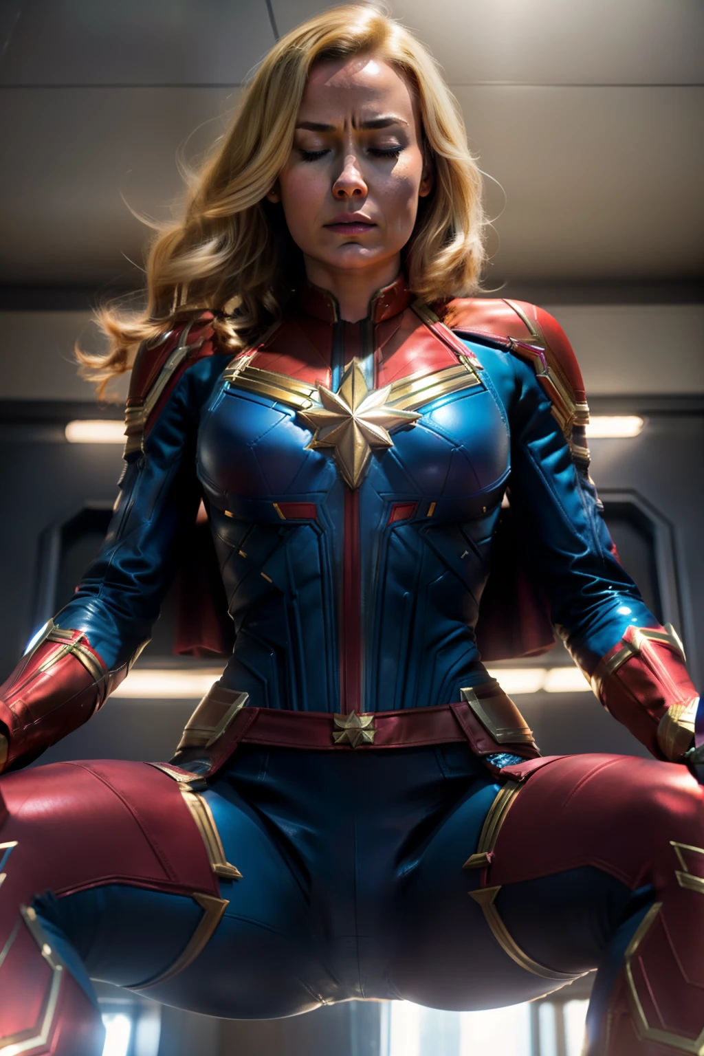 A woman in a captain marvel costume sitting on a chair - SeaArt AI