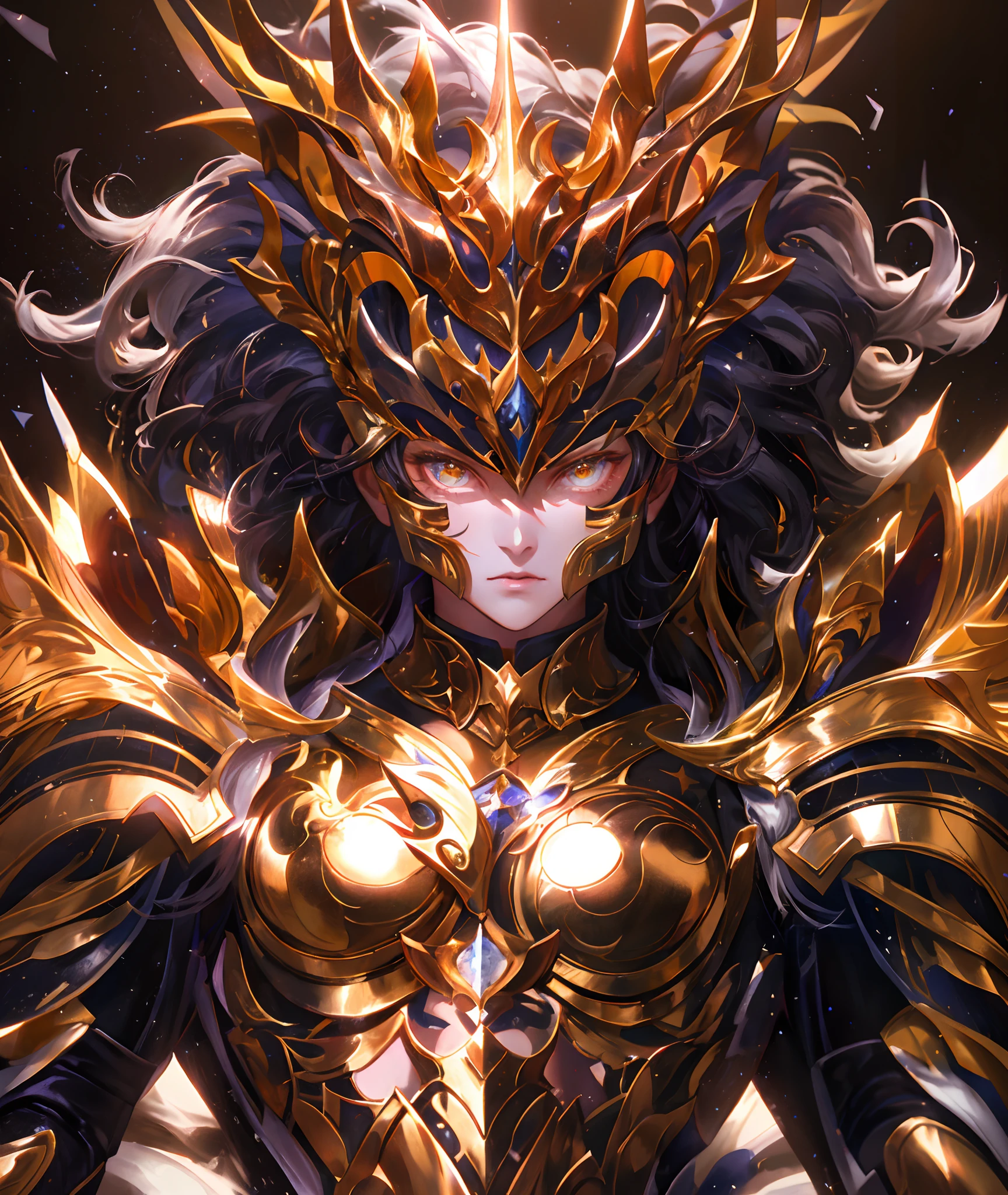 Ultra-high saturation，（tmasterpiece）， fully body photo，（best qualtiy）， （1girll）， starryskybackground，Wearing shiny gold armor， Sexy lingerie type armor，Expose your chest，Expose the waistline，Exposing thighs，cool-pose， Saint Seiya Armor， messy  hair，high detal, Anime style, Cinematic lighting, Sparkle, god light, Ray traching, filmgrain, hyper HD, textureskin, super detailing, Anatomical correct, A high resolution，Ultra-high saturation，hight contrast，High-gloss armor，Smooth skin，Serious expressions,Dark room,