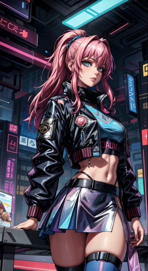 cyberpunk lady, holographic skirt, thong, holographic jacket