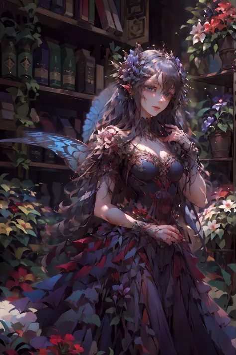 high details, best quality, 16k, RAW, [best detailed], masterpiece, best quality, (extremely detailed), full body, ultra wide shot, photorealistic, dark fantasy art, goth art, RPG art, D&D art, a picture of a dark female fairy showing flowers in a florist ...