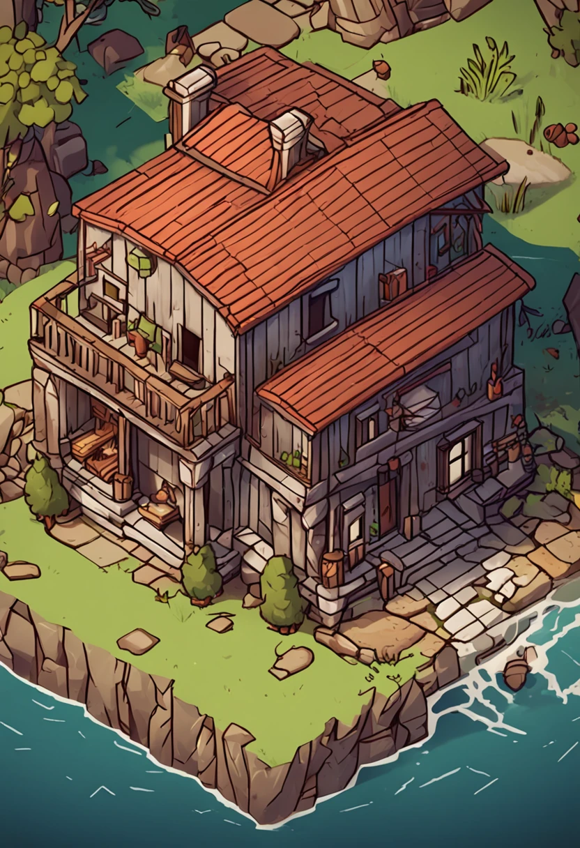 A cartoon house on a small island with a red roof - SeaArt AI