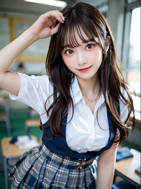 vests、​masterpiece、An ultra-high picture quality、realisitic、girl、Cute smile、(Beauty Face 1.4 Otome)、(mediummilk、Constriction waist)、Bokeh、micron、glowy skin、hi-school girl、校服、White shirt、Dark blue skirt、The body line is out、I can see my panties、Pose Seducti...