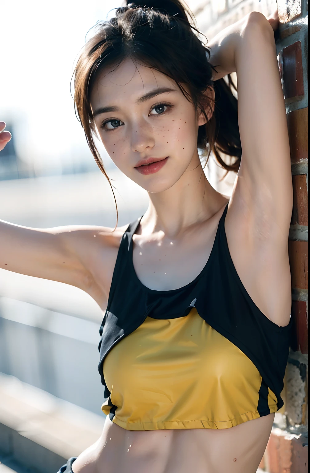 (Cheergirl girl armpits、Display oiled tecateca armpits、Oiled shiny shiny armpits:1.30、A hyper-realistic、Armpit、Oiled shiny armpits:1.30、Glossy armpits、oiled slimy armpits:1.30、Slimy shiny armpits:1.20、Bright and detailed armpits、Detailed armpit wrinkles:1.7、Realistic armpit wrinkles:1.7、Light illuminating the armpits:1.4、Detailed armpit pores), (ssmile、On the ground where the bright sun hits the armpits、illustratio), (hight resolution), (8K), (ighly detailed), (The best illustrations), (Cheergirl girl poses with armpits on the ground、Sleeveless Cheergirl Uniform、beatiful detailed eyes), (top-quality), (Ultra-detail), (​masterpiece), (wall-paper), (Detailed face), 17 year old girl,a little freckles on the face、Show beautiful armpits,high-ponytail Hairstyle、cheer girl、Hair with ribbons、Show the navel、Navel、Upper body only,Girl in sleeveless cheerleader uniform, One girl on the ground,((oiled slimy armpits:1.20、Oiled tecateca armpits:1.20、))