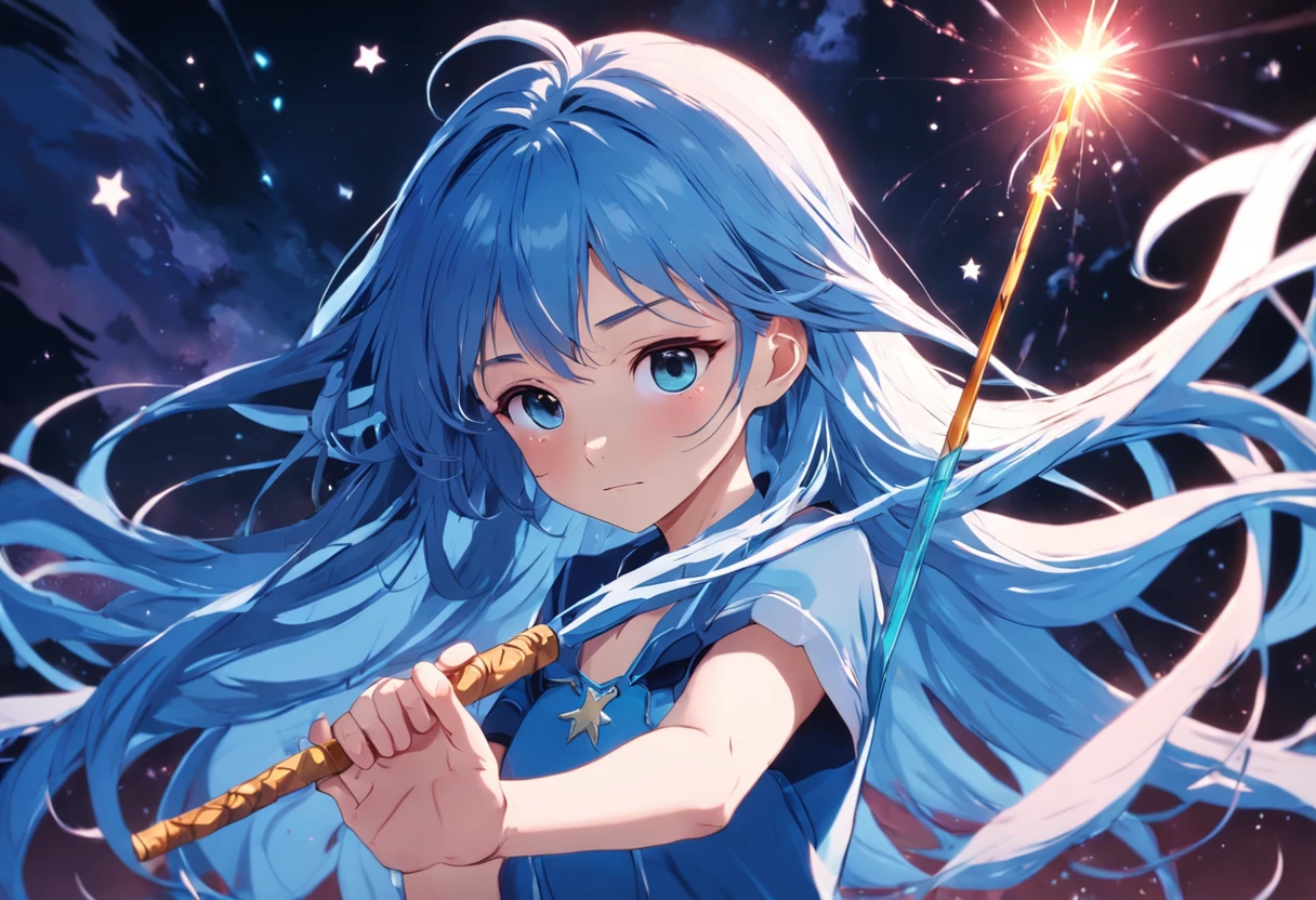 A teen age girl with blue long hair and magic wand in her left hand