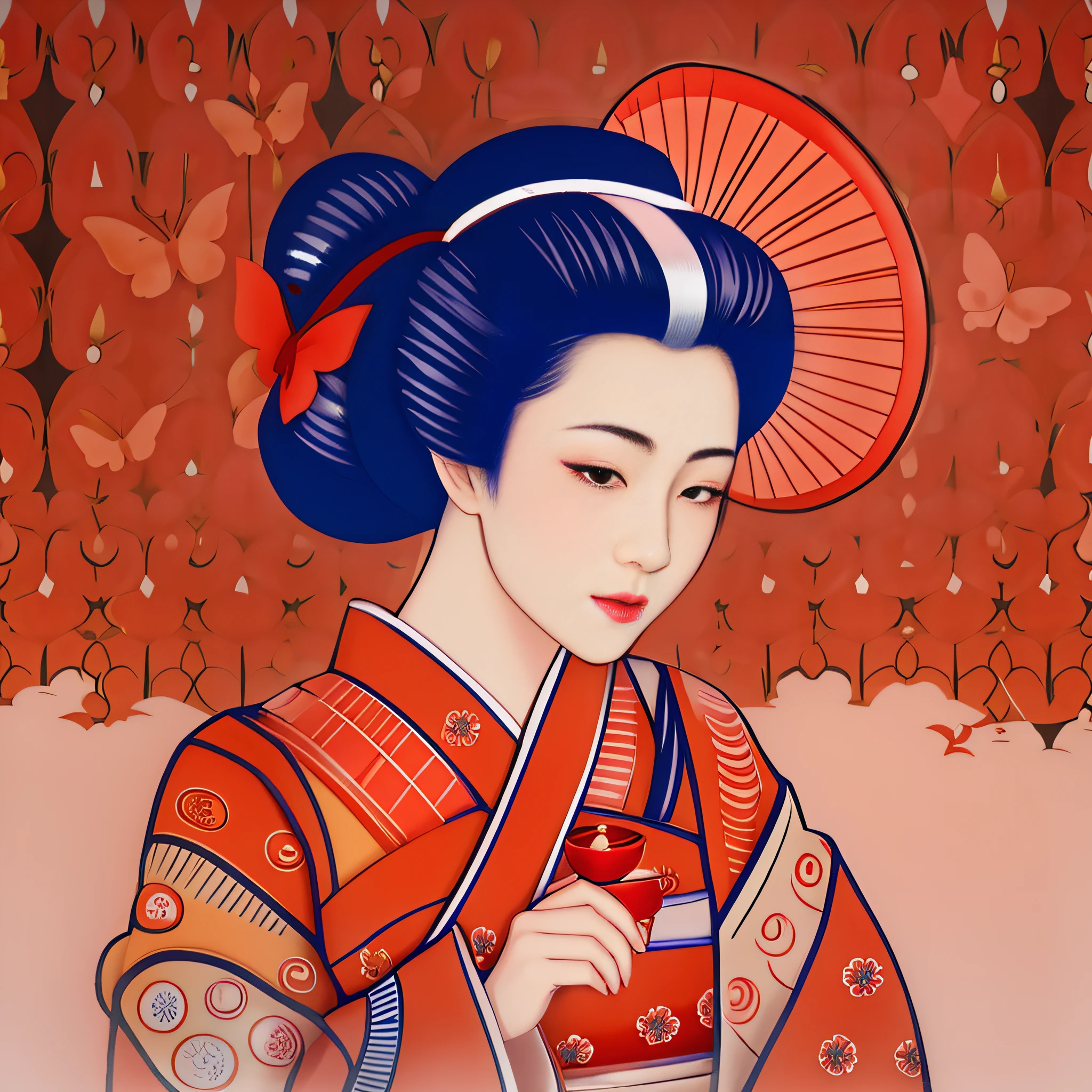 da ist eine Frau im Kimono mit einem roten Regenschirm, japanischer Kunststil, Geisha japonesa, Retrato de uma Geisha bonita, Schönheits-Geisha, Retrato da Geisha, inspiriert von Uemura Shōen, weibliches Geisha-Mädchen, Nicht-Ukiyo-Kunststil - E, Retrato de uma Geisha, Japanische Kunst, elegante japanische Frau, Geisha.