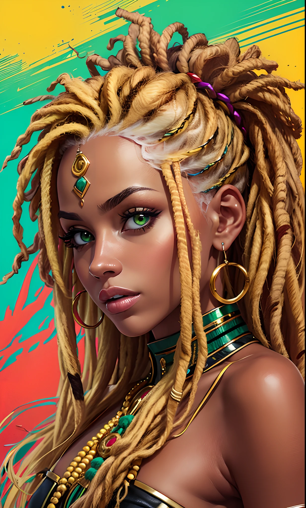 Masterfully, a blonde woman shows off her dreadlocks in vibrant shades of Jamaican colors. Each dread is a fusion of yellow, green and red, capturing the culture and style in an exceptional way. The image highlights the professionality by portraying the boldness and authenticity of the hairstyle. --auto --s2