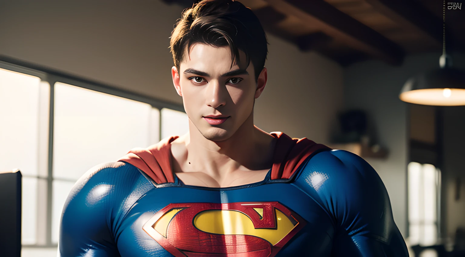 ((Men only)), (head shot), (handsome muscular man in his 20s), (superman), (Superman, a fictional superhero, is characterized by his chiseled physique, blue eyes, dark hair, and iconic red and blue costume with a bold "S" emblem on his chest), (Chris Redfield), (Mischievous smile), (detaile: 1 in 1), Natural muscles, HIG quality, beautidful eyes, (Detailed face and eyes), (Face、: 1 / 2), Noise, Real Photographics、... .................................................................................................................PSD, Sharp Focus, High resolution 8K, realisitic & Professional Photography, 8K UHD, Soft lighting, High quality, Film grain, FujifilmXT3