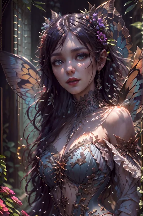 high details, best quality, 16k, RAW, [best detailed], masterpiece, best quality, (extremely detailed), full body, ultra wide shot, photorealistic, dark fantasy art, goth art, RPG art, D&D art, a picture of a dark female fairy showing flowers in a florist ...