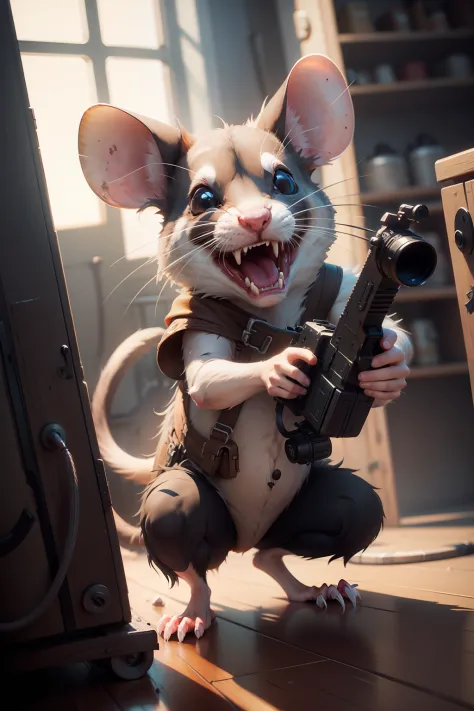 Rat between screaming and shooting super cute, realistic, 4K, super detailed, vray rendering, unreal engine, midjourneyart style,