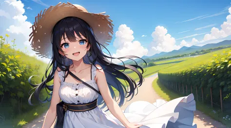 (masterpiece), best quality, high resolution, highly detailed, detailed background, perfect lighting, outdoor, 1girl, Black hair, long hair, bangs, blue eyes, straw hat, white dress, sundress, frill,Japanese country road , wind lift, sky, cloud, laughing