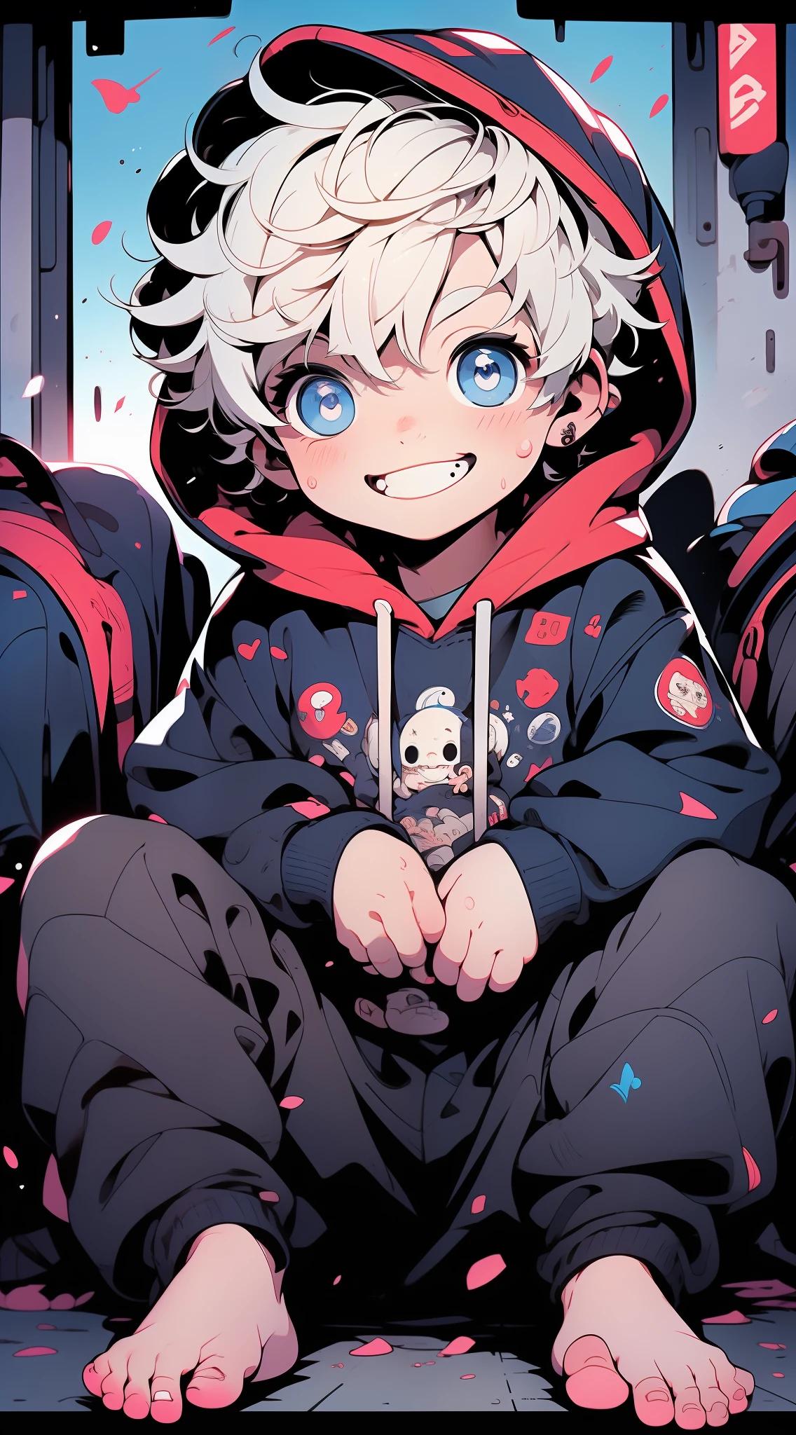 Masterpiece, chubby Little boy with white hair and shiny bright blue eyes and barefoot wearing a hoodie, and oversized sweatpants sitting in a train, young, boy, child, small, toddler, soft light, (sweatpants:1.4), (Boy:1.4), (Shota:1.4), (Young:1.4), (Male:1.4), (smiling:1.4), (foot:1.4), (shy:1.4),