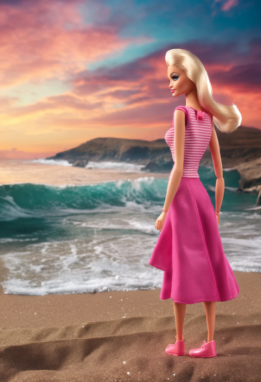 Boneca barbie parada na praia olhando para o mar - SeaArt AI