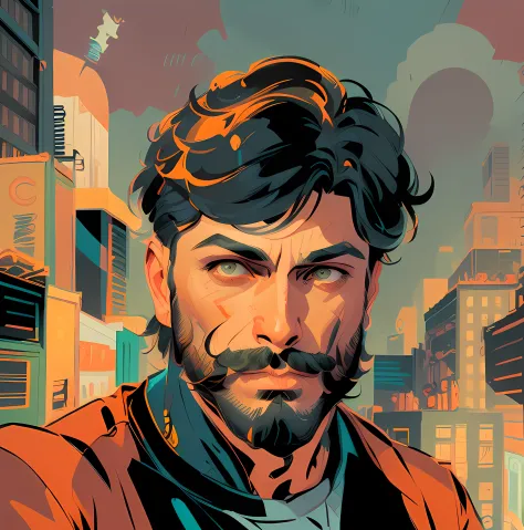 cartoon of a man with a beard and a mustache in a city, epic portrait illustration, in style of digital illustration, detailed color portrait, epic comic book style, detailed character portrait, comic digital art, detailed portrait shot, full color digital...