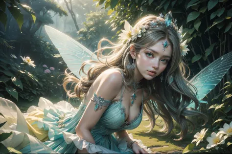 A young fairy in vortex of falling flowers and leaves. Butterfly like Wings. She wears a multilayered ruffled dress in light yellow transparent fabric with silver and aquamarine embellishments. Long messy wavy hair in dark colour, flower tiara. She is emer...