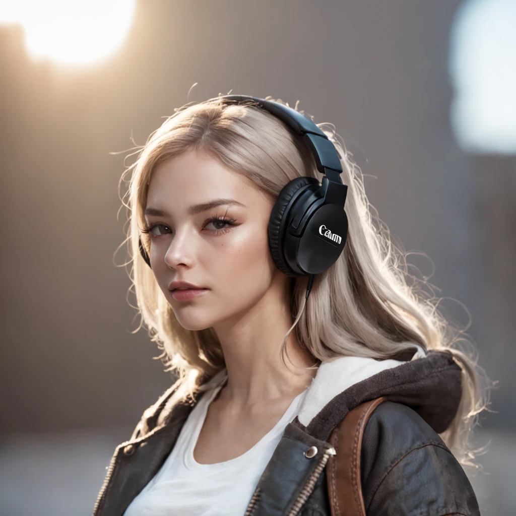 A woman wearing headphones standing in front of a building - SeaArt AI