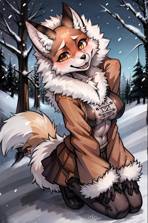 Alice, 独奏, 1girl, animal ears, Color: Red, Orange, female focus, 1 fox tail, Red tail of the best quality, exteriors, hood, a tree, Detailed background, orange jacket, fur-trim, Furry, fur-trimmed sleeves, Orange fur coat with fur trim, Fox ears of the bes...