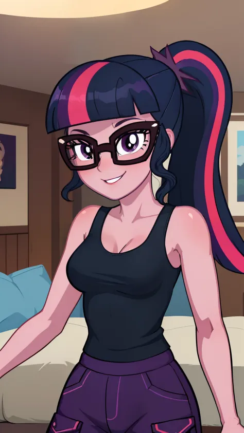 (masterpiece, best quality:1.2),cowboy shot,solo,1girl,mlptwilight,smile,looking at viewer,ponytail,glasses, purple tank top, black sweatpants, living room, dynamic lighting, medium breasts