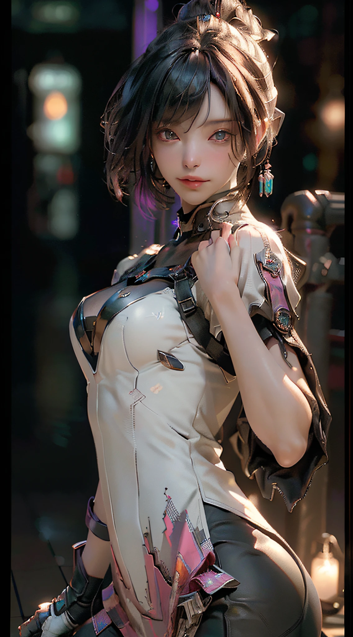 ((Best Quality)), ((masterpiece)), (detailed: 1.4), 3D, an image of a beautiful cyberpunk woman, prsteado, night metropolis background, HDR (High Dynamic Range),Ray Tracing,NVIDIA RTX,Super-Resolution,Unreal 5,Subsurface dispersion, PBR texture, Post-processing, Anisotropic filtering, Depth of field, Maximum clarity and sharpness, Multilayer textures, Albedo and specular maps, Surface shading, Accurate simulation of light-material interaction,  Perfect Proportions, Octane Render, Two-Tone Lighting,Wide Aperture,Low ISO,White Balance,Rule of Thirds,8K RAW,