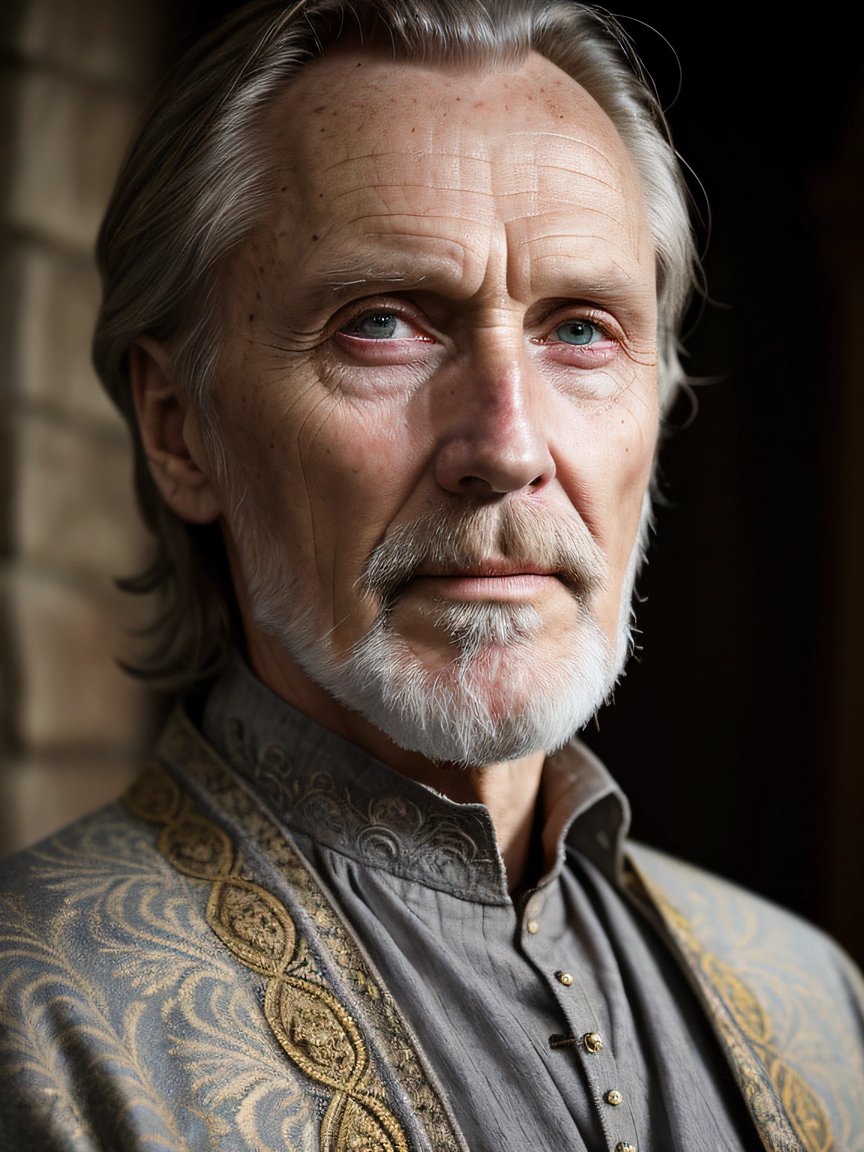 A (portrait photography: 1.2) close up photo of a mix between Lars Mikkelsen and Christopher Lee and Dennis Hopper as a medieval fantasy 55 year-old nobleman, revolting looks, slim, well-kept slicked back straight grey hair, thin well-kept goatee, serious conceited expression, medieval fantasy elaborate rich embroidered nobleman's clothes, in a medieval fantasy nobleman's palace, cinematic lighting, Canon EOS 5D Mark IV