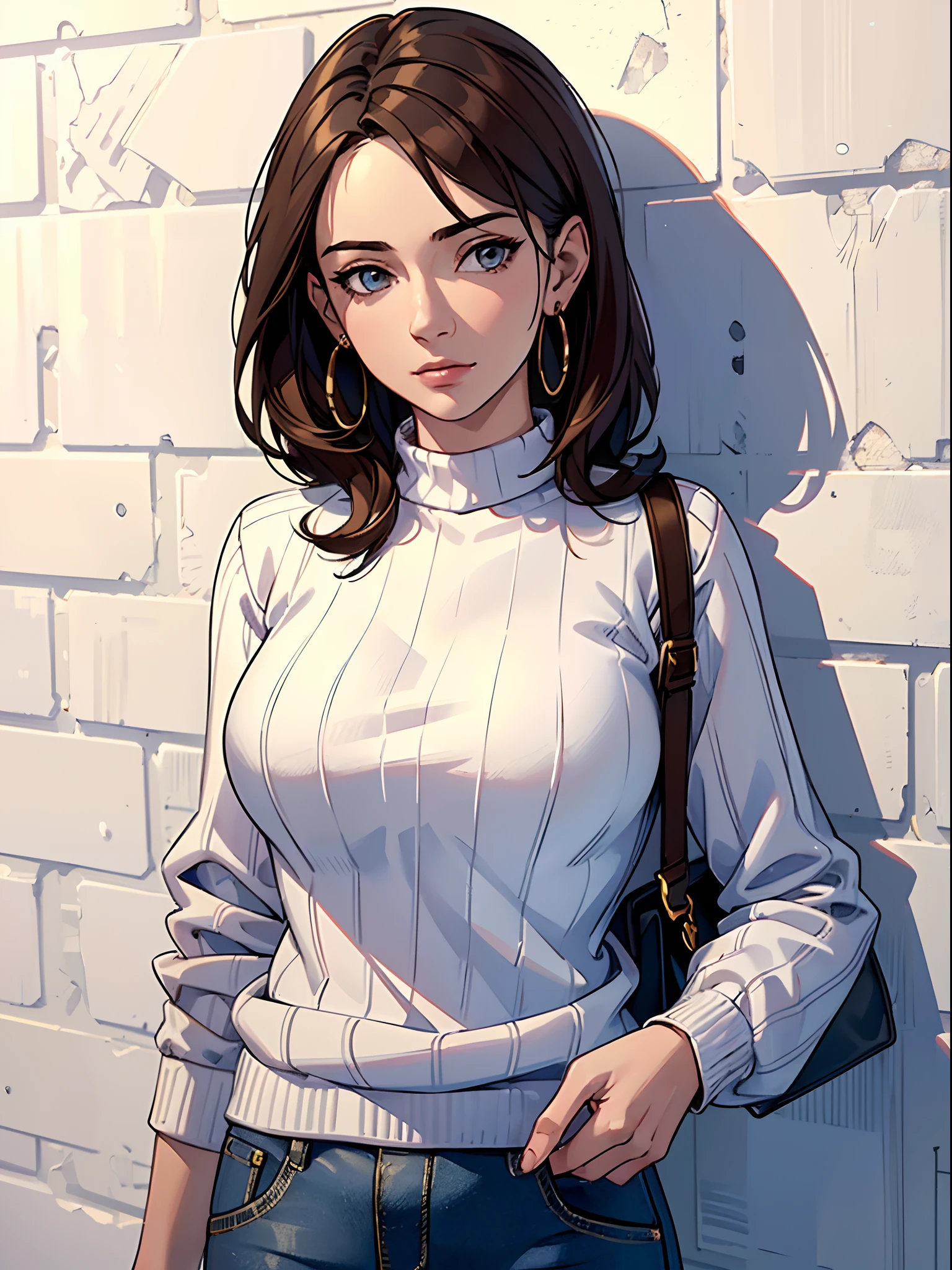 (masterpiece)), ((best quality)), (ultra-detailed), realistic, 8k, wallpaper, beautiful, high resolution, young woman wearing blue shirt posing next to white brick wall, wearing striped sweater, 1girl, solo, pants, earrings, jewelry, looking at viewer, sweater, brown hair