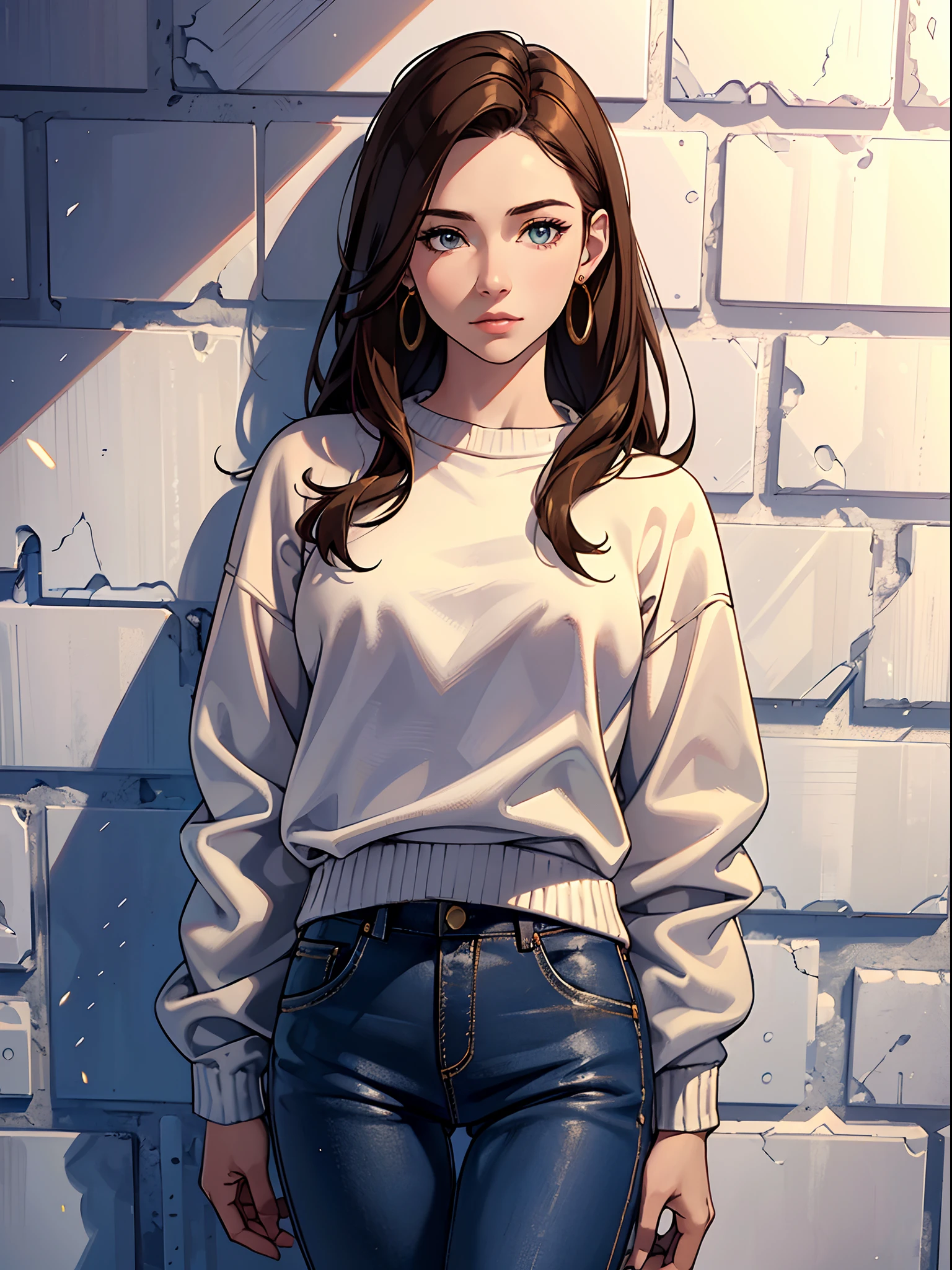 (masterpiece)), ((best quality)), (ultra-detailed), realistic, 8k, wallpaper, beautiful, high resolution, young woman wearing blue shirt posing next to white brick wall, wearing striped sweater, 1girl, solo, pants, earrings, jewelry, looking at viewer, sweater, brown hair