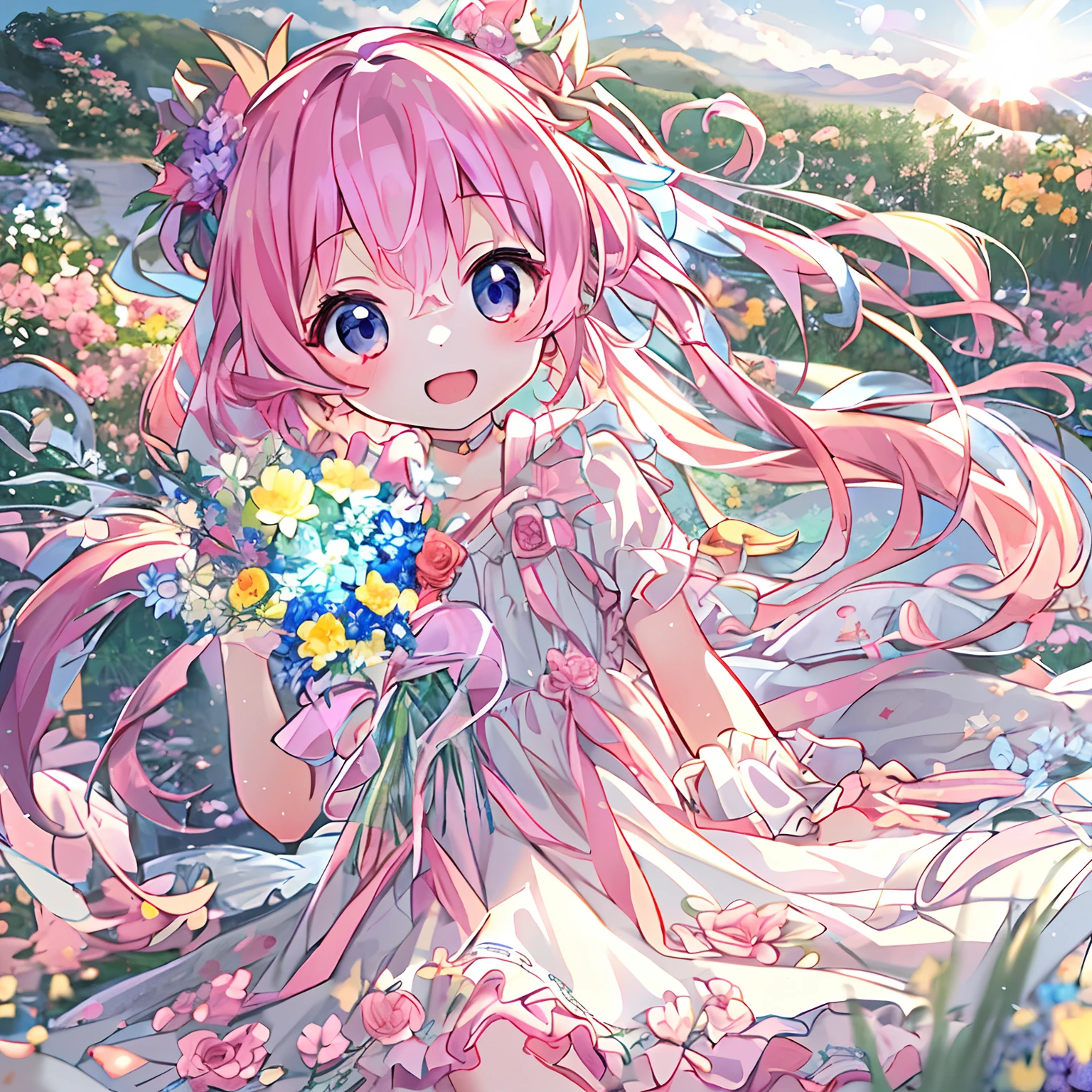 absurderes, hight resolution, (Anime style:1.1), ((masutepiece)), ((Best Quality)), (Ultra-detailed), (Beautiful), 独奏, Beautiful face、(liftup),12year old、Girl in a cute dress、Pink colorful hair, Colorful eyes,Looking at Viewer,Lens Flare,Dramatic, Coastal、(Lifted skirt:1.3)、They smile and hand me a bouquet of flowers、Presentation of a bouquet of flowers、full body Esbian