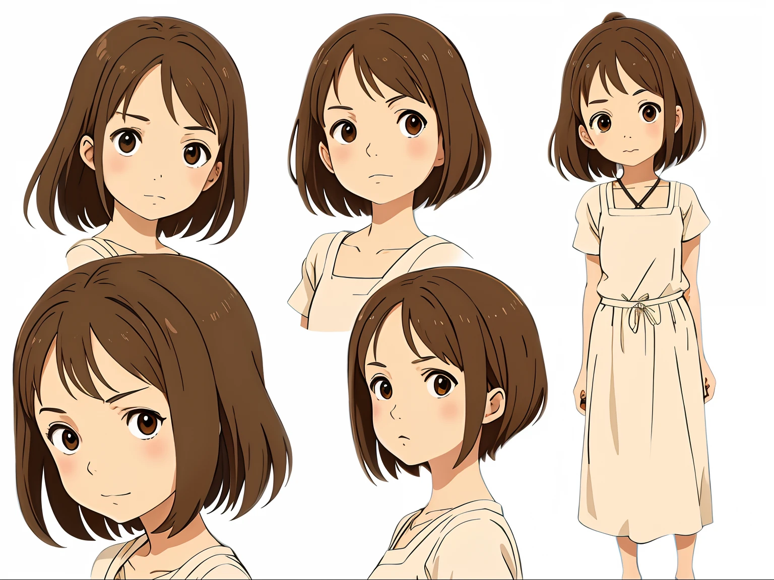cute girl, super light brown hair, pixie bob hairstyle, character seet, Multiple pose and expressions, different angles, organizing, ghibli style, childrens book, meny character, Full body shot,