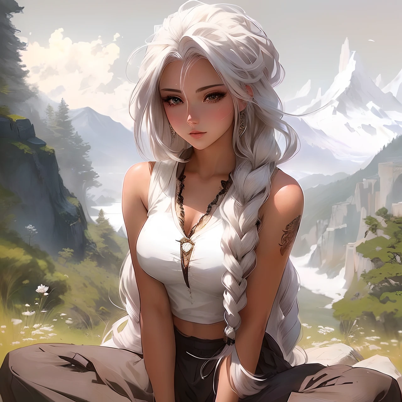 Anime girl with white hair sitting on a rock in the mountains - SeaArt AI