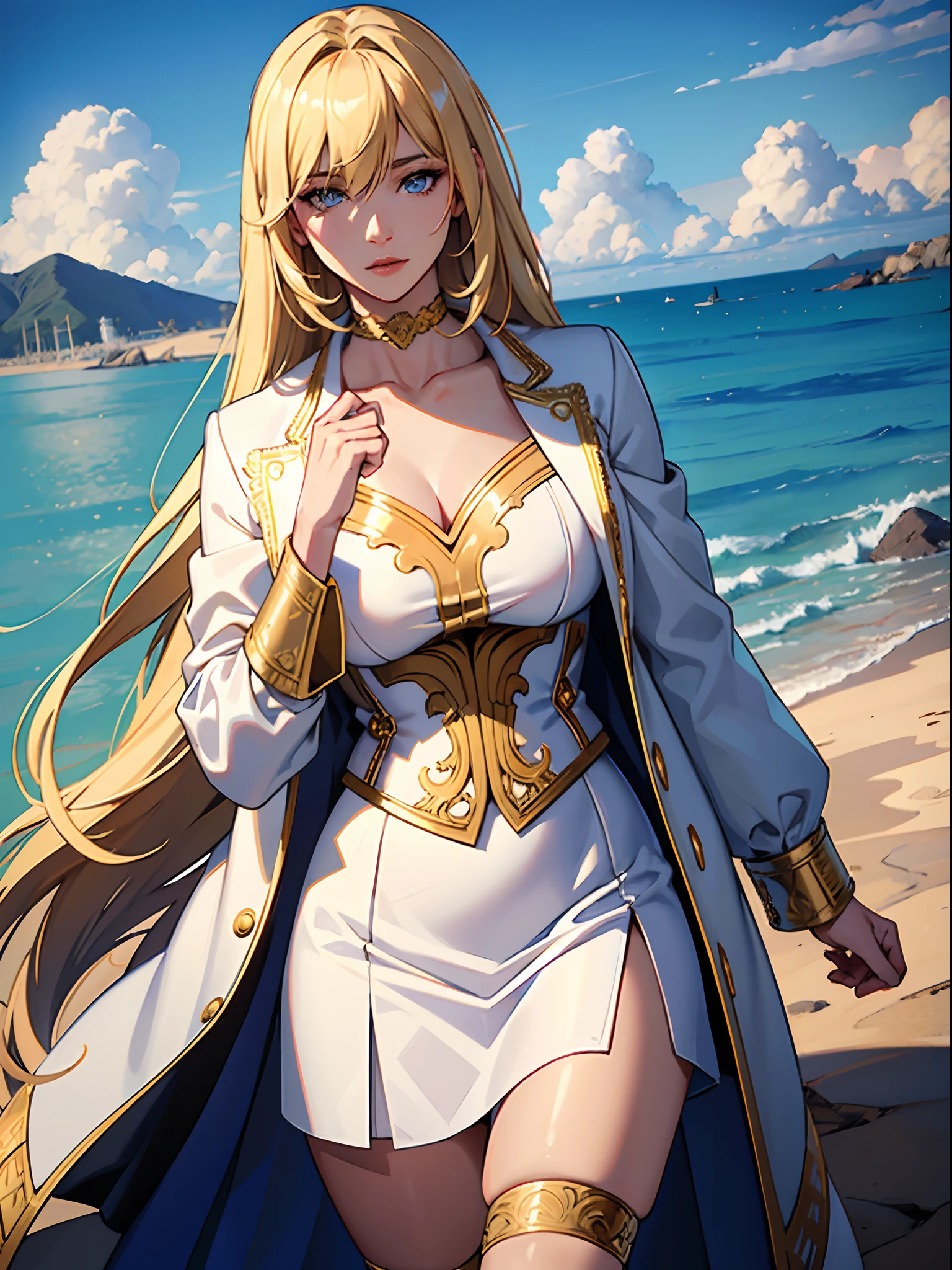 (masterpiece), (realistic), (best quality), (ultra-detailed), amazing, (looking at pov), golden katana, (big clothes: 1.2), miniskirt, ((white clothes)), choker, (bandaged hands), (white coat with ornate golden embroidery, golden embellishments), blue hair, long hair, bangs, blue eyes, thigh band, (gold structures), (clouds), hair over eyes, hair over one eye