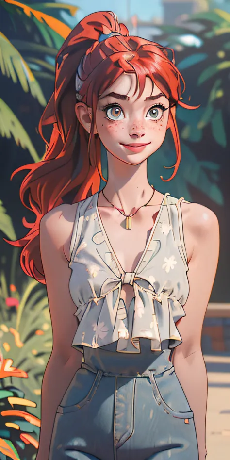 (masterpiece, best quality), 1girl, collarbone, wavy hair, looking at viewer, blurry foreground, upper body, necklace, contemporary, plain pants, ((intricate, print, pattern)), ponytail, freckles, red hair, dappled sunlight, smile, happy,