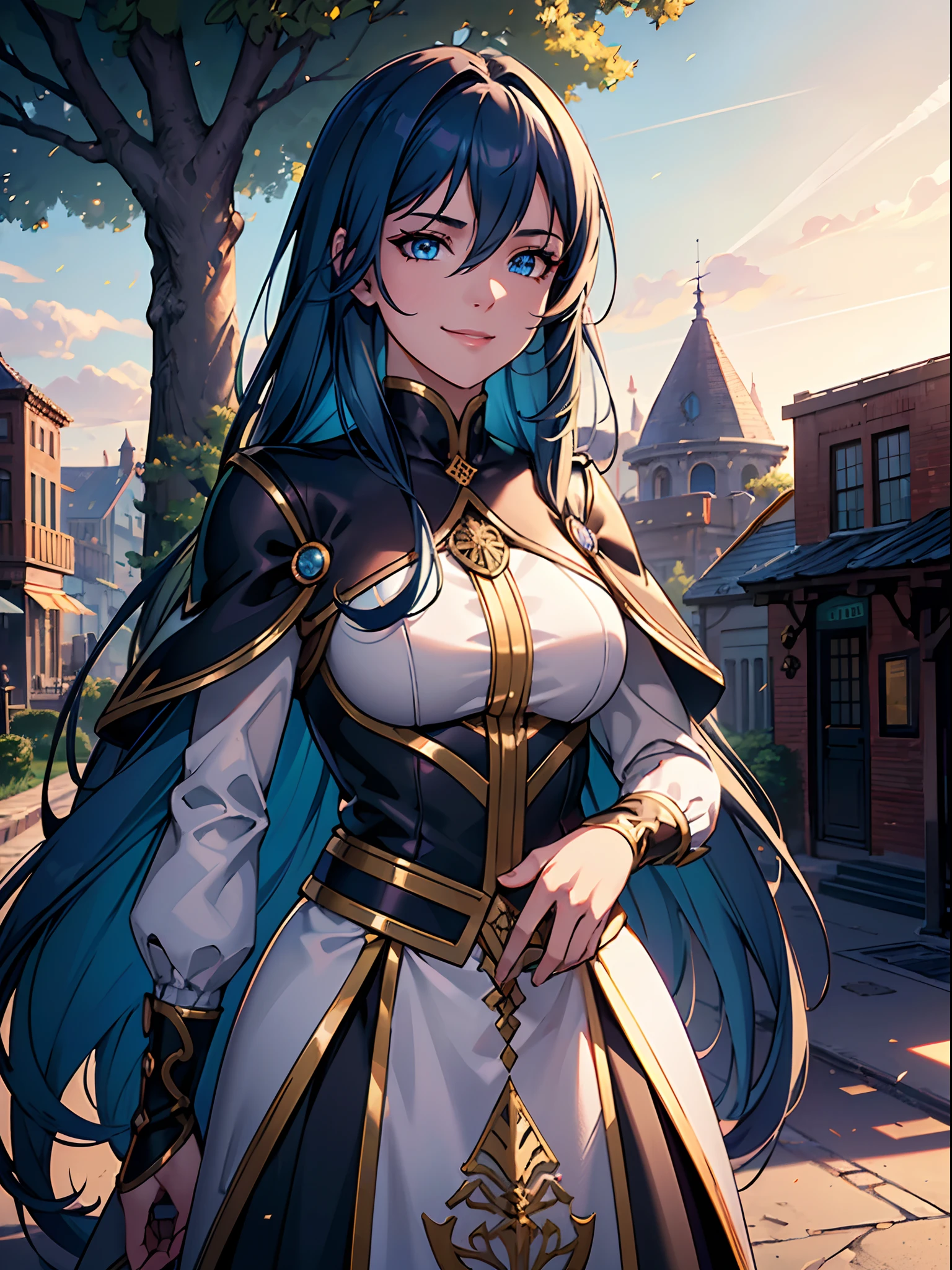 (ultra-detailed CG unity 8k wallpaper, masterpiece, best quality, depth of field, HDR, intricate), ray tracing, vibrant colors, girl, sharp focus, cinematic lighting, detailed outfit, perfect eyes, rich in details and textures, perfect eyes, blue hair, golden eyes, hair between eyes, long hair, outdoors, under tree, smiling, town