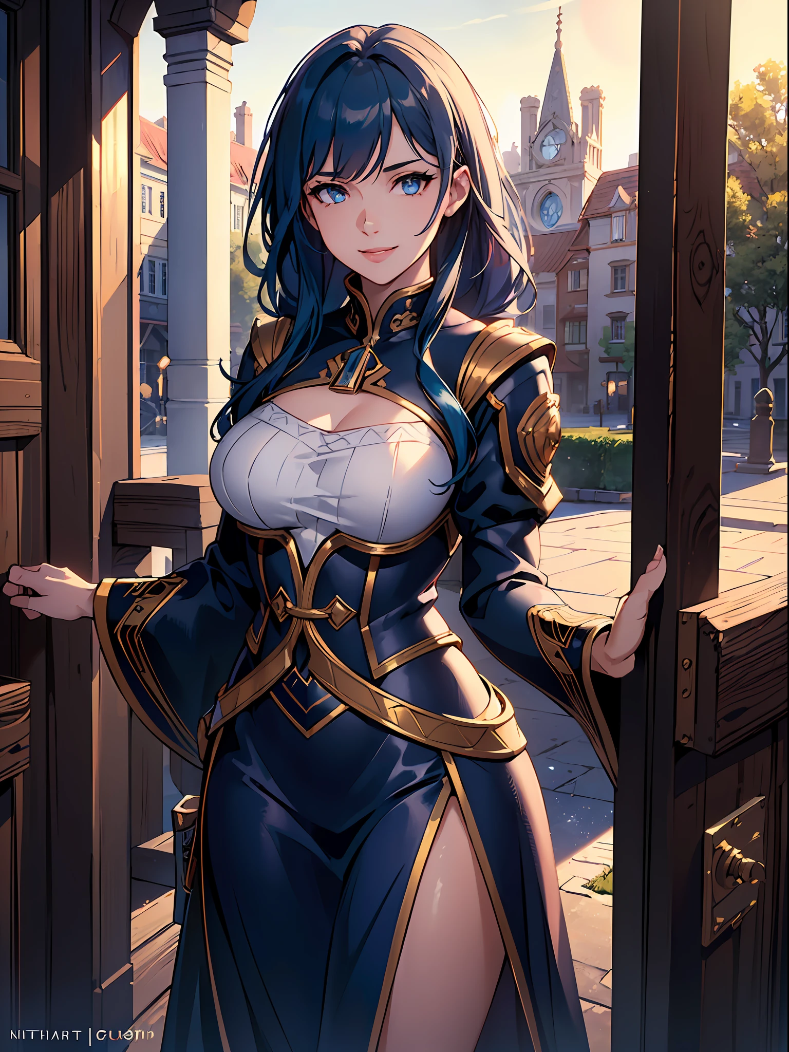 (ultra-detailed CG unity 8k wallpaper, masterpiece, best quality, depth of field, HDR, intricate), ray tracing, vibrant colors, girl, sharp focus, cinematic lighting, detailed outfit, perfect eyes, rich in details and textures, perfect eyes, blue hair, golden eyes, hair between eyes, long hair, outdoors, under tree, smiling, town