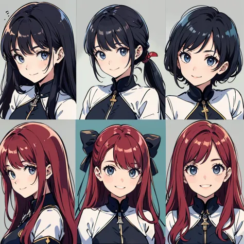 19 year old, redhead girl, shoulder length hair, corkscrew hairstyle ((relaxed happy smile )), four panel grid, (((same characte...