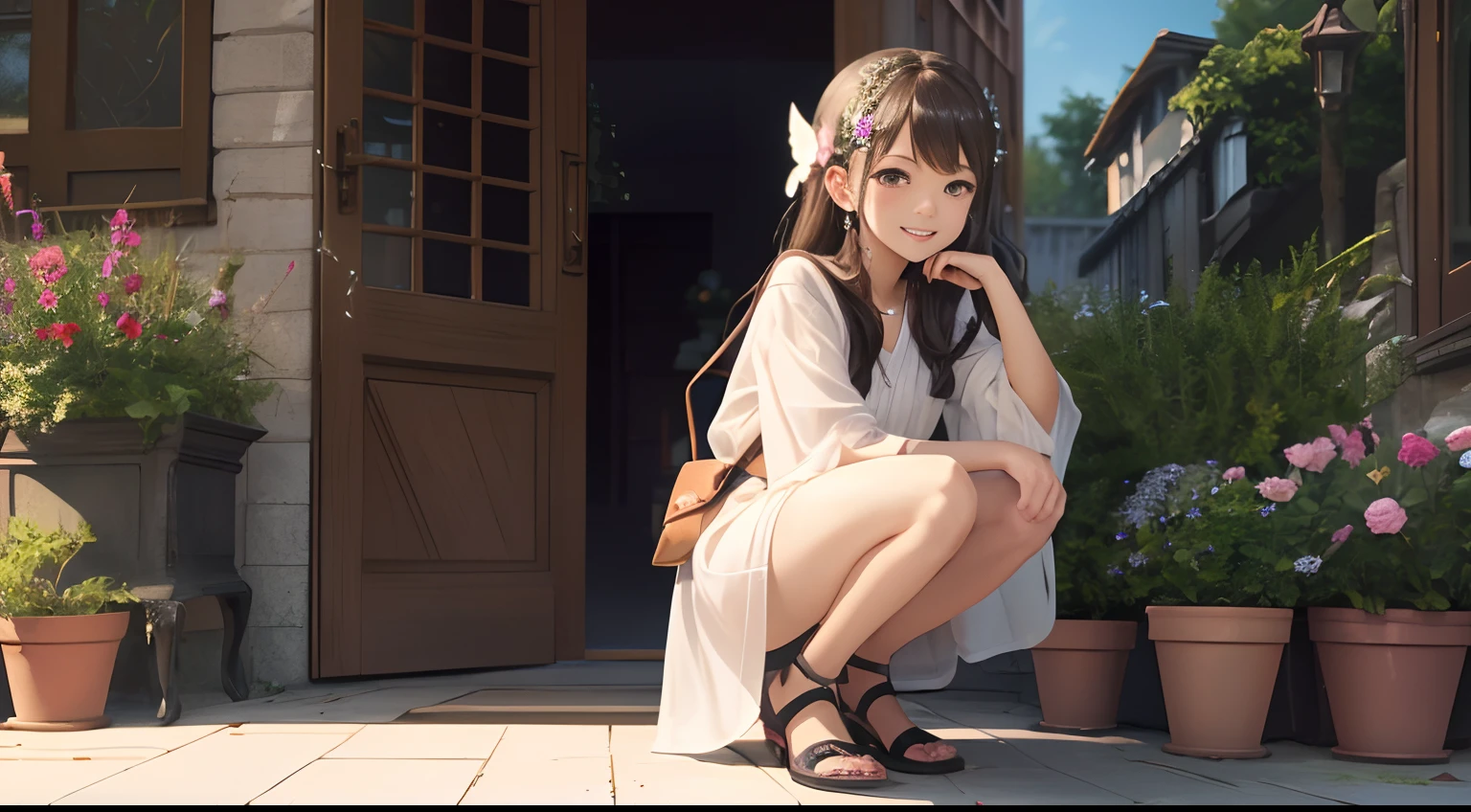 Octane Render、(Hyper-detailing: 1.15)、(Soft light、sharp: 1.2)、morning、Little girl crouching in the garden and observing sparrows, Full body,Accessories for shoes、（ hair adornments、耳Nipple Ring、Floral hair ornament、butterfly hair ornament）、 Fuji Film, F/4.0, masutepiece, Anatomically correct、A smile, radiant light