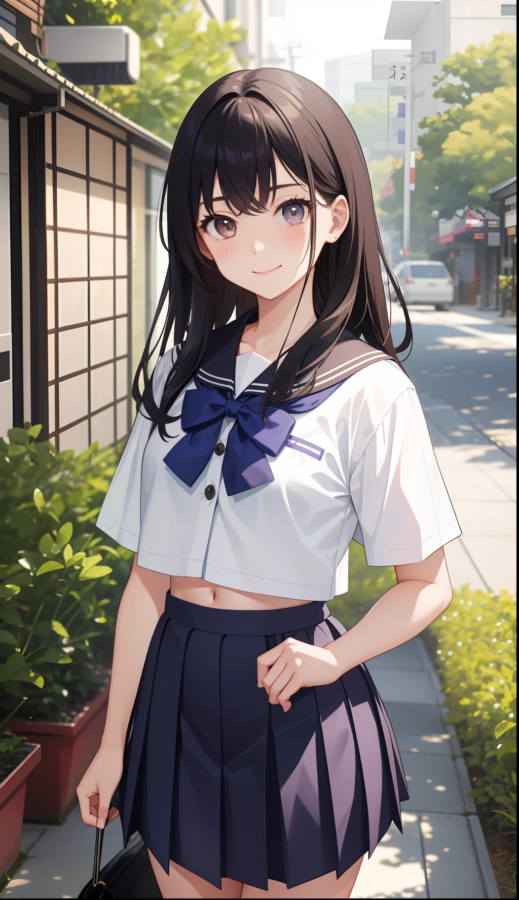 Anime girl in a short skirt and white shirt standing on a sidewalk - SeaArt  AI