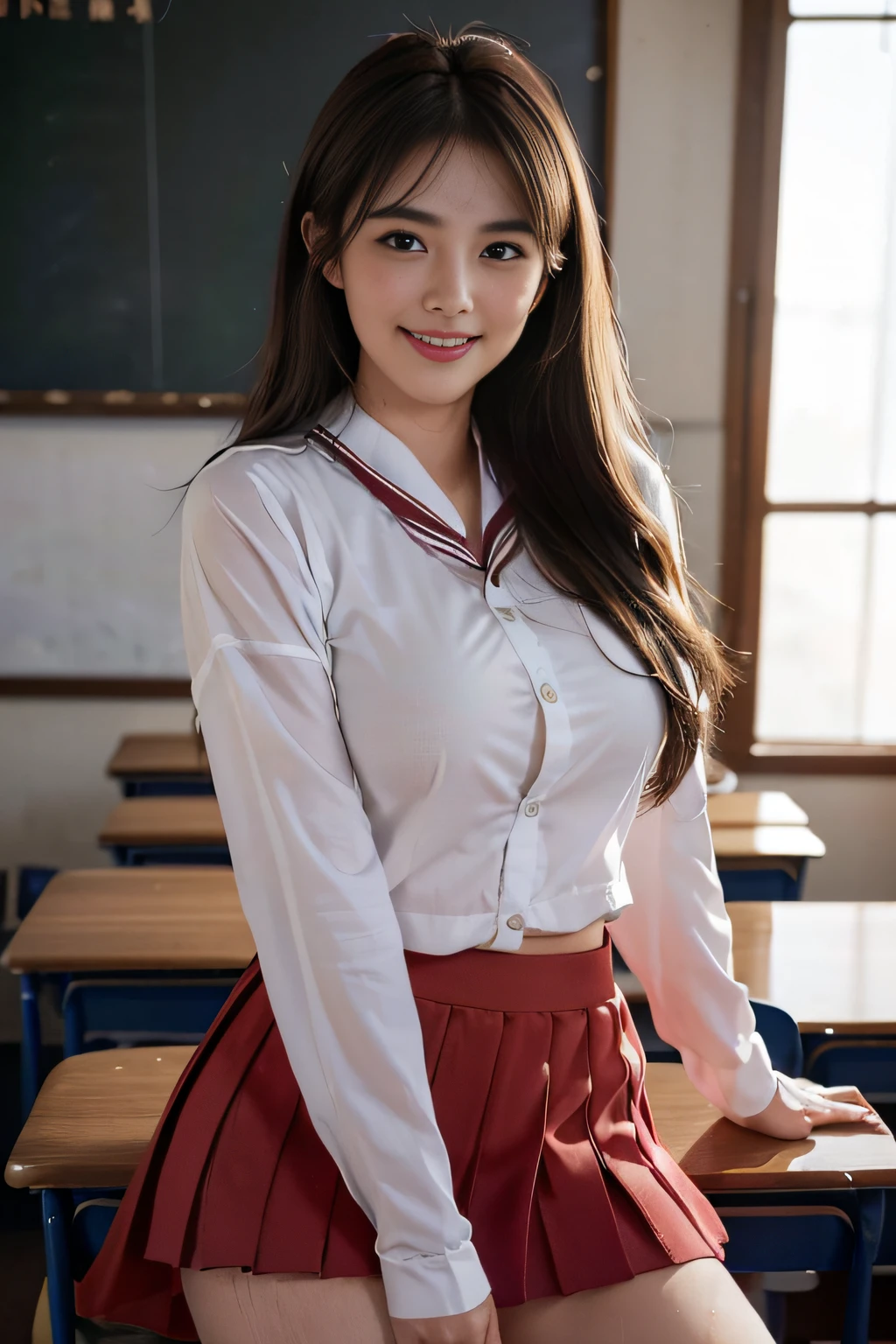 A close up of a woman in a school uniform posing for a picture - SeaArt AI
