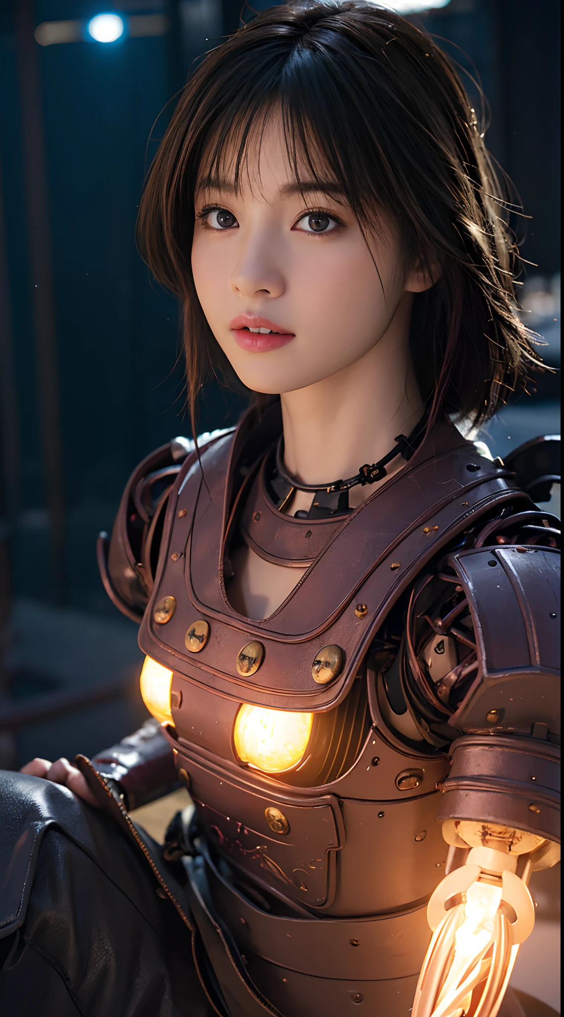 Top Quality, Masterpiece, Ultra High Resolution, (Photorealistic: 1.4), Raw Photo, 1 Girl, Black Hair, Glossy Skin, 1 Mechanical Girl, (Ultra Realistic Detail)), Portrait, Global Illumination, Shadows, Octane Rendering, 8K, Ultra Sharp, Big, Cleavage Exposed Raw Skin, Metal, Intricate Ornament Details, Japan Details, Very intricate details, realistic light, CGSoation trend, purple eyes, glowing eyes, facing the camera, neon details, mechanical limbs, blood vessels connected to the tube, mechanical vertebrae attached to the back, mechanical cervical attachment to the neck, sitting, wires and cables connecting to the head, gundam, small LED lamps,