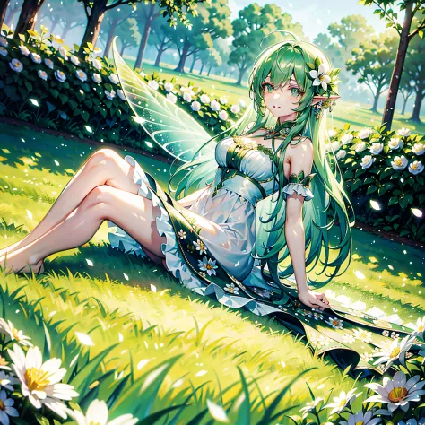 Flower Fairy, beautiful, best quality, masterpiece, ultra-detailed face, beautiful eyes, flying, sunshine, green forest, one tho...