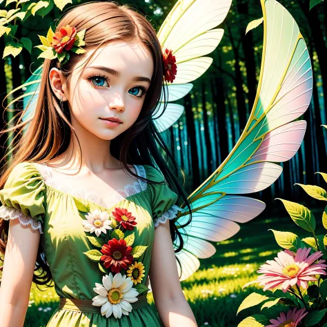 Flower Fairy, beautiful, best quality, masterpiece, ultra-detailed face, beautiful eyes, flying, sunshine, green forest, one tho...