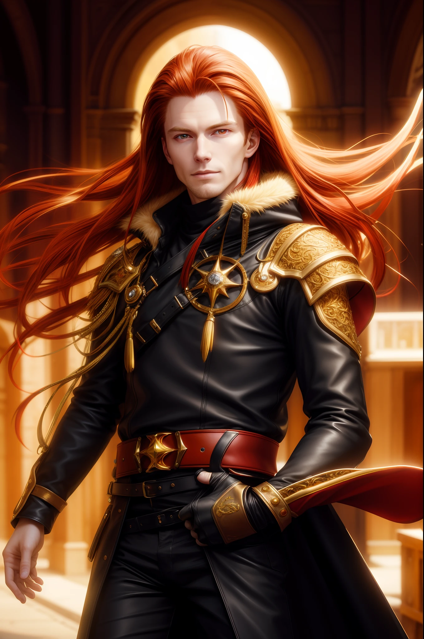 HYPER REALISTIC, full-length portrait of male in his 20s, medium straight hair covering ears redhead, HETEROCROMI eyes one red eye, wearing black leather overcoat with red, serious, lots of chin hair, sun white and gold background , photorealistic, Hasselblad, Nikon, 1.4 85 mm lens , octane rendering, unreal engine, sharp details, super high quality, beautiful, realistic, golden, white merdieval European dash