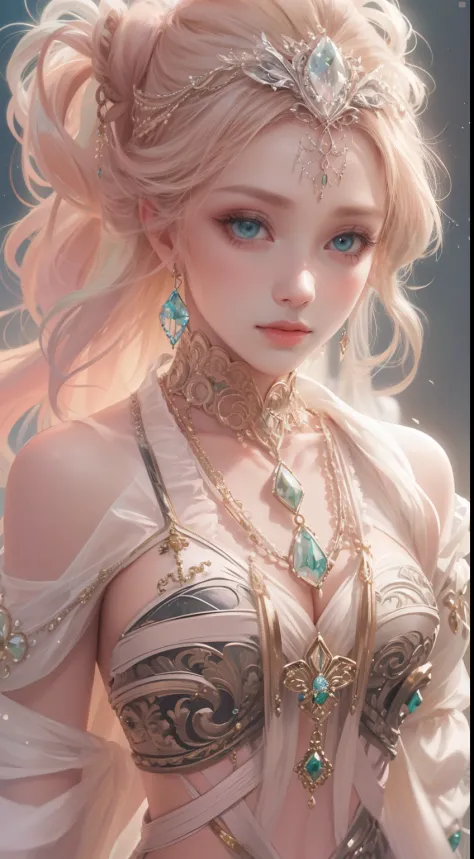 tmasterpiece，Highest high resolution，Beautiful bust of a noble lady，Delicate pink braided hair，Green clear eyes，The hair is covered with beautiful and delicate floral craftsmanship, Crystal jewelry filigree，Ultra-detailed details，upscaled。Soft lighting